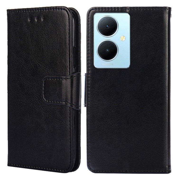 Anti-Scratch Textured Leather Wallet Case for vivo Y78+ 5G Stand Cover Shockproof Phone Protector - Black