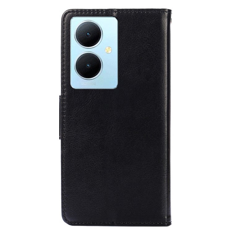 Anti-Scratch Textured Leather Wallet Case for vivo Y78+ 5G Stand Cover Shockproof Phone Protector - Black