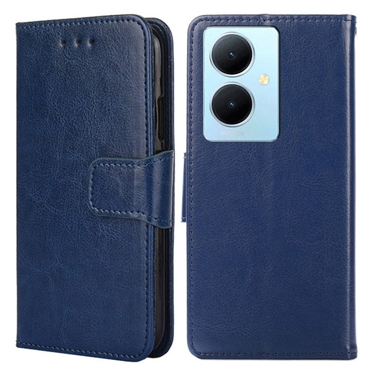 Anti-Scratch Textured Leather Wallet Case for vivo Y78+ 5G Stand Cover Shockproof Phone Protector - Sapphire