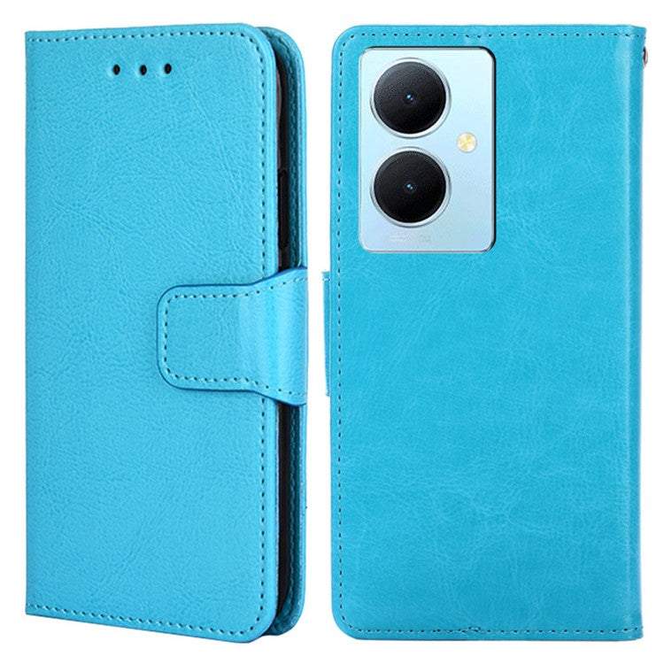 Anti-Scratch Textured Leather Wallet Case for vivo Y78+ 5G Stand Cover Shockproof Phone Protector - Baby Blue