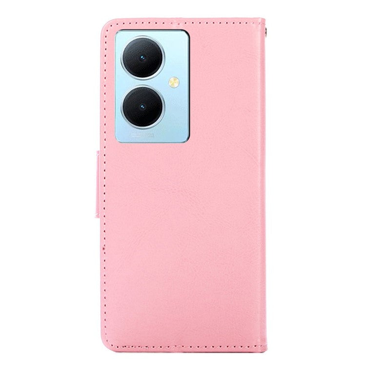 Anti-Scratch Textured Leather Wallet Case for vivo Y78+ 5G Stand Cover Shockproof Phone Protector - Pink