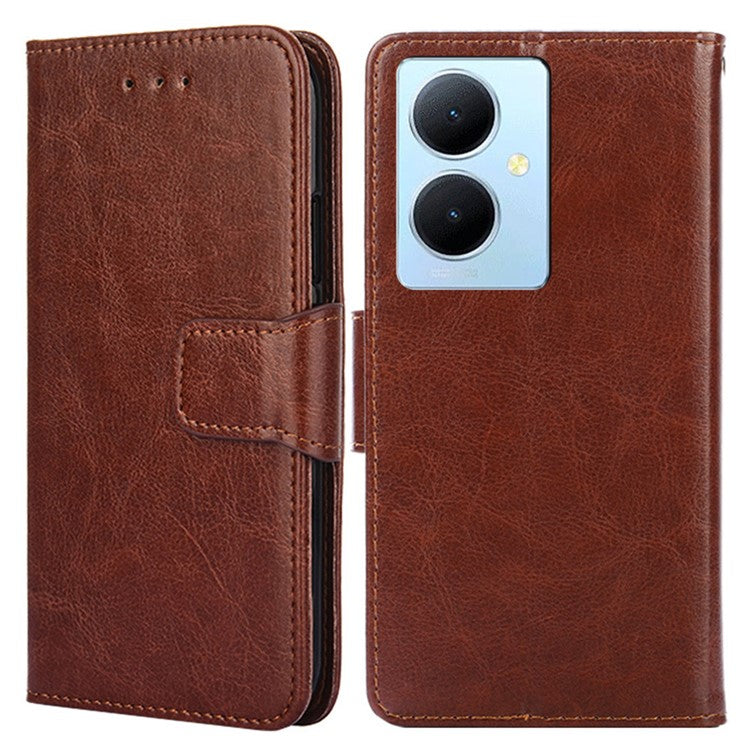 Anti-Scratch Textured Leather Wallet Case for vivo Y78+ 5G Stand Cover Shockproof Phone Protector - Brown