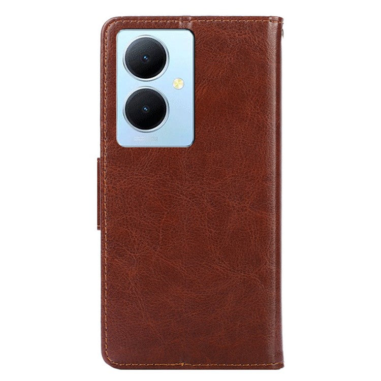 Anti-Scratch Textured Leather Wallet Case for vivo Y78+ 5G Stand Cover Shockproof Phone Protector - Brown