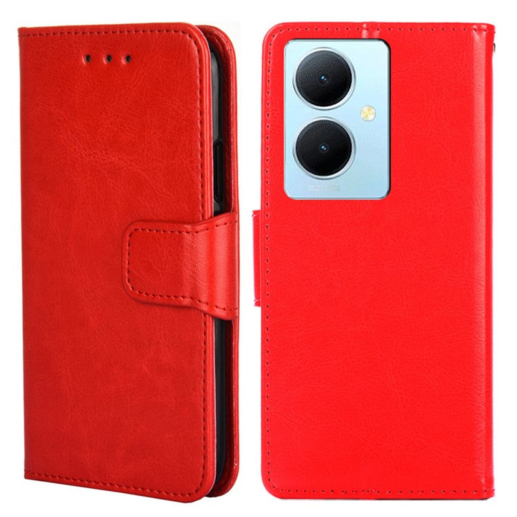 Anti-Scratch Textured Leather Wallet Case for vivo Y78+ 5G Stand Cover Shockproof Phone Protector - Red