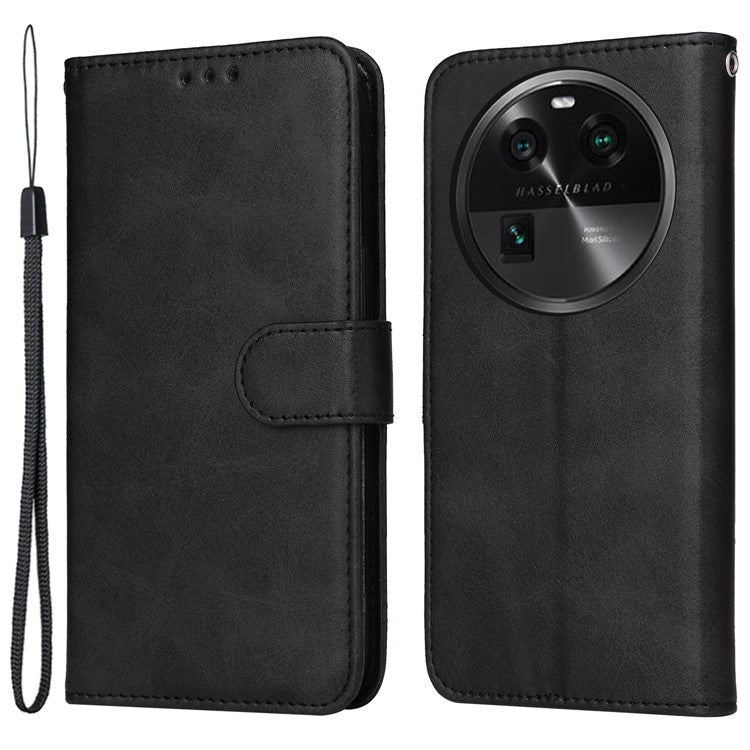 Shockproof Leather Case for Oppo Find X6 Pro Calf Texture Wallet Stand Cell Phone Cover with Strap - Black