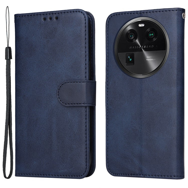 Shockproof Leather Case for Oppo Find X6 Pro Calf Texture Wallet Stand Cell Phone Cover with Strap - Blue