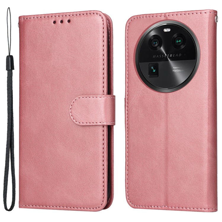 Shockproof Leather Case for Oppo Find X6 Pro Calf Texture Wallet Stand Cell Phone Cover with Strap - Pink