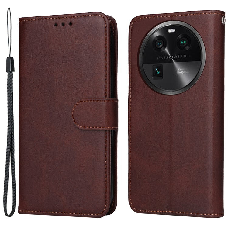 Shockproof Leather Case for Oppo Find X6 Pro Calf Texture Wallet Stand Cell Phone Cover with Strap - Brown