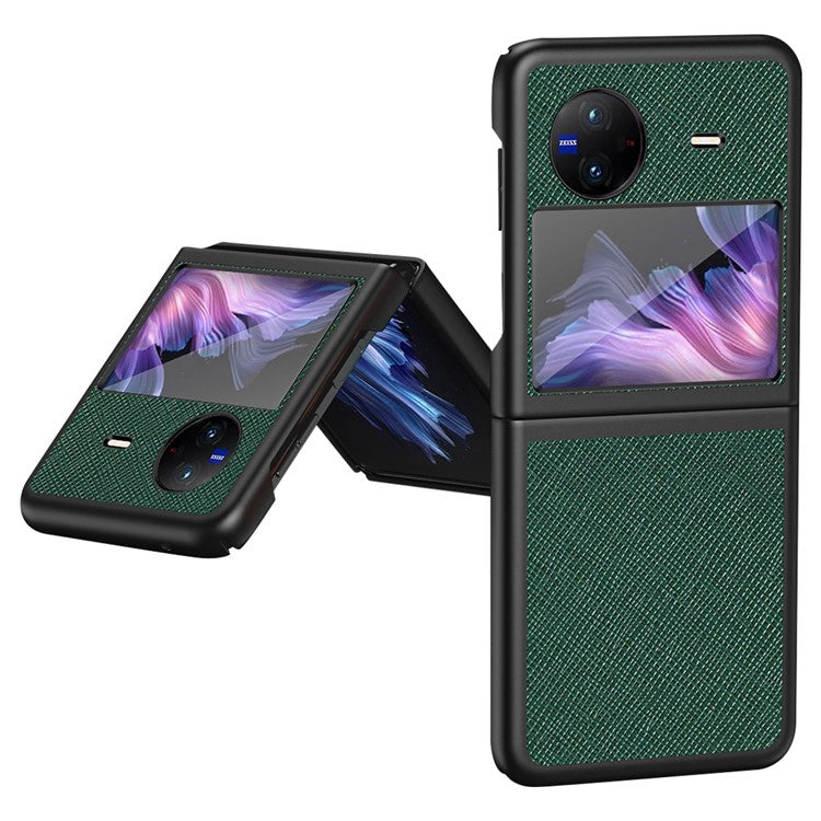 For vivo X Flip Shockproof Phone Case Cross Texture Rubberized PU Leather Coated PC Back Cover - Green