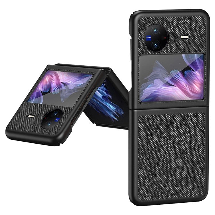 For vivo X Flip Shockproof Phone Case Cross Texture Rubberized PU Leather Coated PC Back Cover - Black