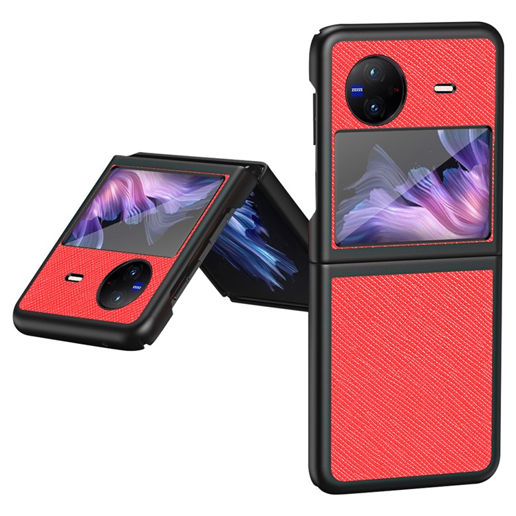 For vivo X Flip Shockproof Phone Case Cross Texture Rubberized PU Leather Coated PC Back Cover - Red