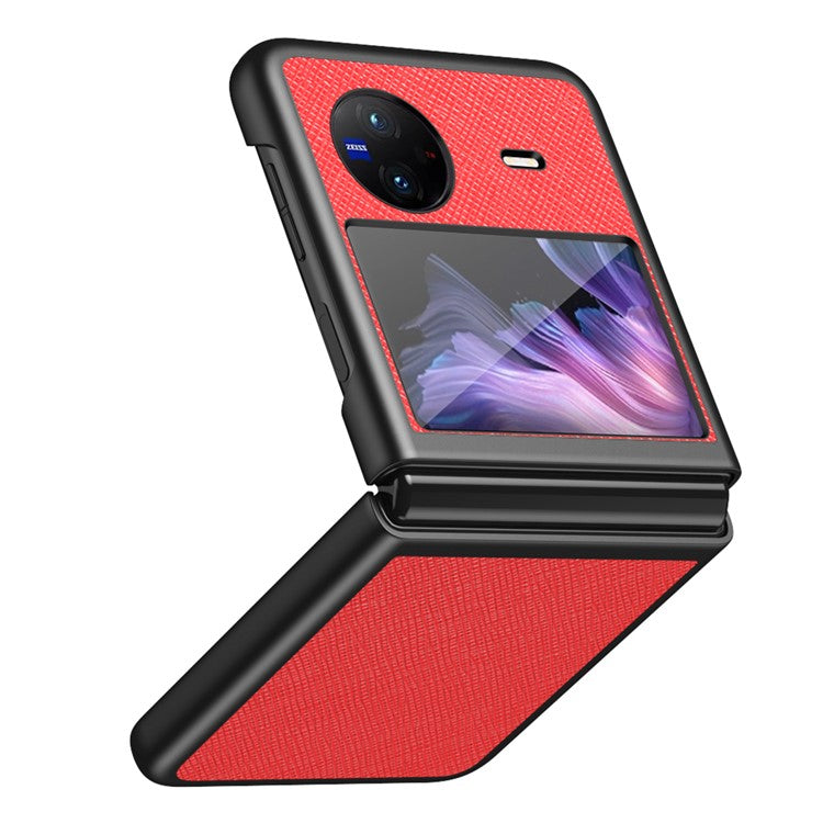 For vivo X Flip Shockproof Phone Case Cross Texture Rubberized PU Leather Coated PC Back Cover - Red