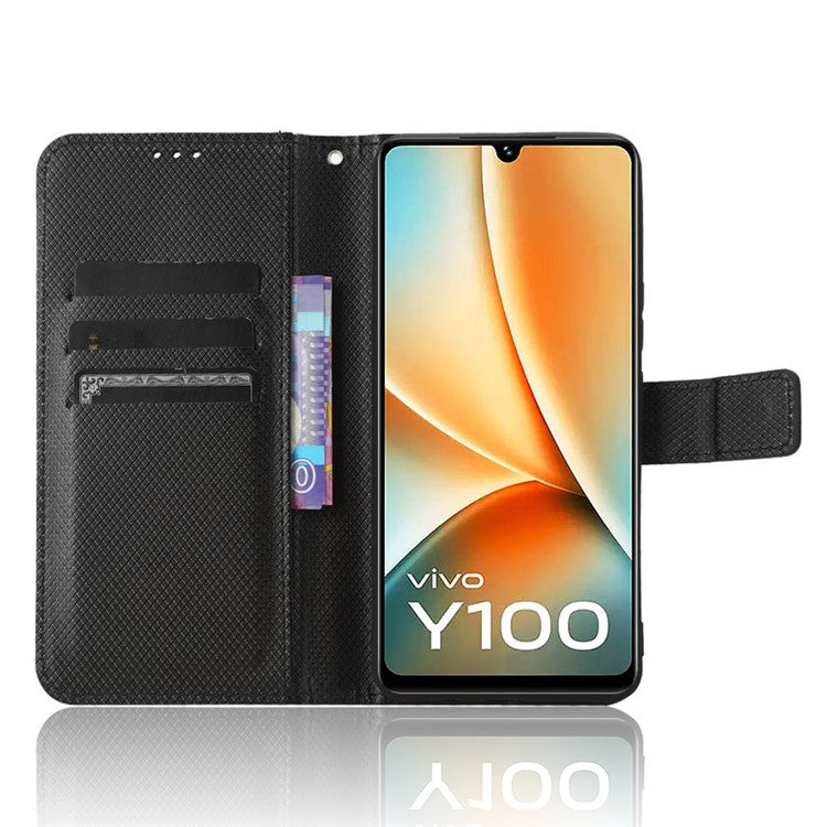 For vivo Y100 5G / T2 5G PU Leather Wallet Case Diamond Texture Flip Stand Phone Cover - Black