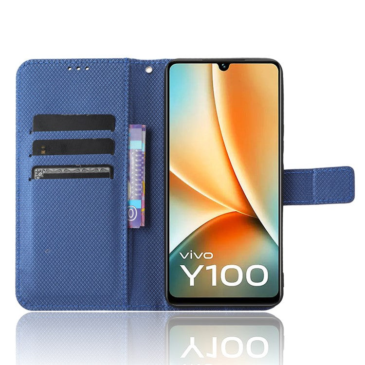 For vivo Y100 5G / T2 5G PU Leather Wallet Case Diamond Texture Flip Stand Phone Cover - Blue