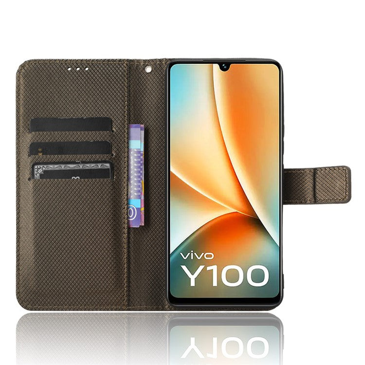 For vivo Y100 5G / T2 5G PU Leather Wallet Case Diamond Texture Flip Stand Phone Cover - Brown