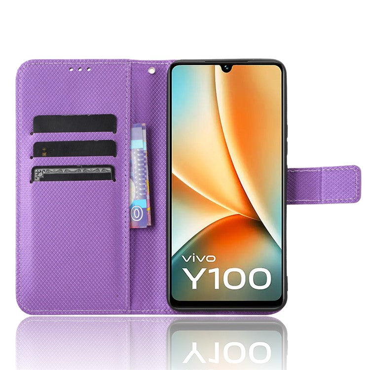 For vivo Y100 5G / T2 5G PU Leather Wallet Case Diamond Texture Flip Stand Phone Cover - Purple