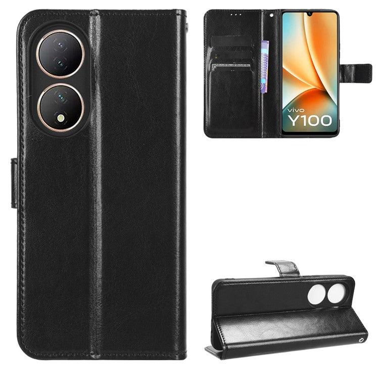 For vivo Y100 5G / T2 5G Crazy Horse Texture PU Leather Wallet Case Phone Cover with Stand - Black