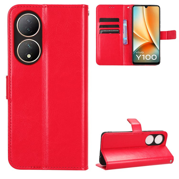 For vivo Y100 5G / T2 5G Crazy Horse Texture PU Leather Wallet Case Phone Cover with Stand - Red