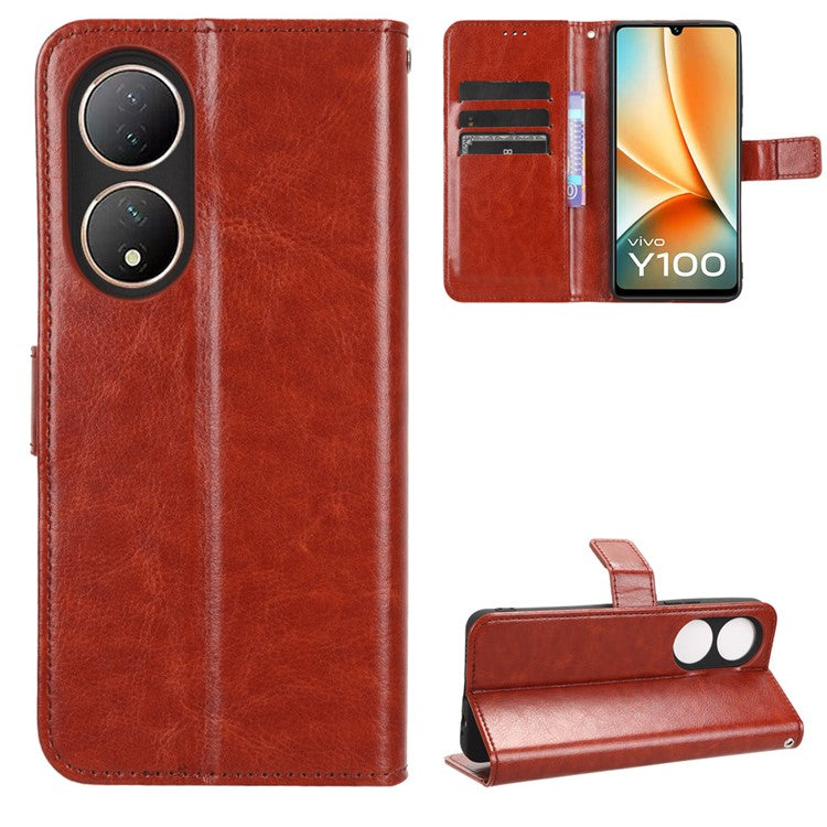 For vivo Y100 5G / T2 5G Crazy Horse Texture PU Leather Wallet Case Phone Cover with Stand - Brown