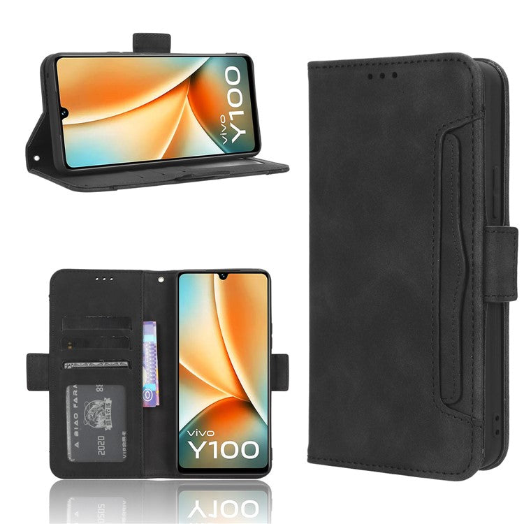 For vivo Y100 5G / T2 5G Multiple Card Slots Drop-proof PU Leather Phone Case Stand Wallet Cover - Black