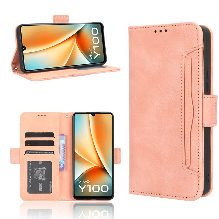 For vivo Y100 5G / T2 5G Multiple Card Slots Drop-proof PU Leather Phone Case Stand Wallet Cover - Pink