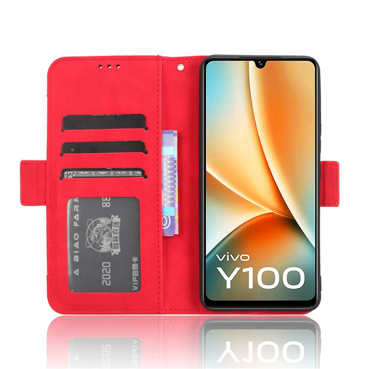 For vivo Y100 5G / T2 5G Multiple Card Slots Drop-proof PU Leather Phone Case Stand Wallet Cover - Red