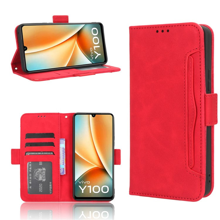 For vivo Y100 5G / T2 5G Multiple Card Slots Drop-proof PU Leather Phone Case Stand Wallet Cover - Red