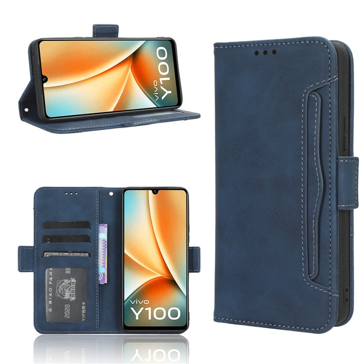 For vivo Y100 5G / T2 5G Multiple Card Slots Drop-proof PU Leather Phone Case Stand Wallet Cover - Blue