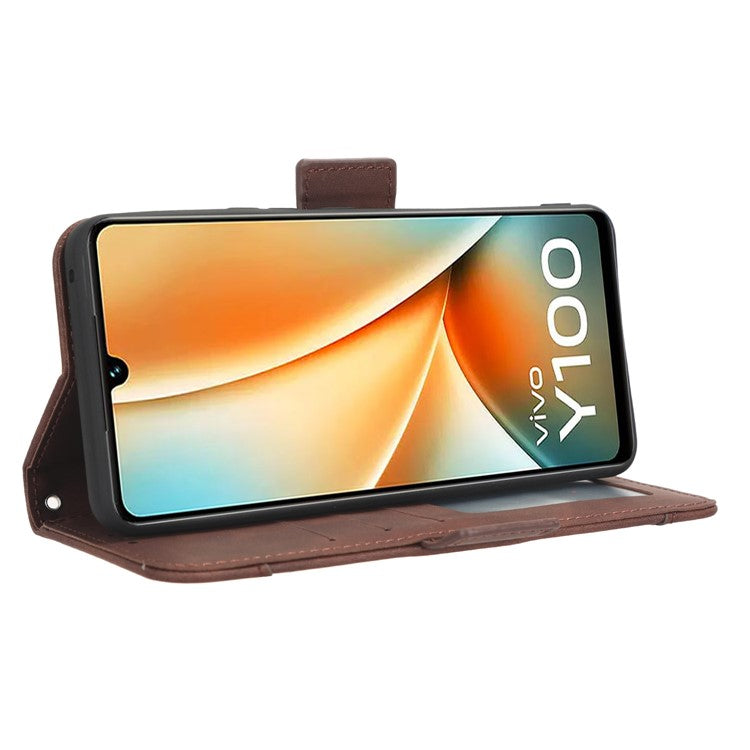 For vivo Y100 5G / T2 5G Multiple Card Slots Drop-proof PU Leather Phone Case Stand Wallet Cover - Brown