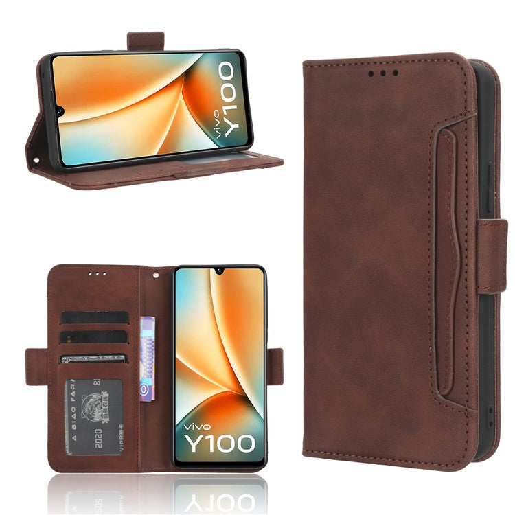 For vivo Y100 5G / T2 5G Multiple Card Slots Drop-proof PU Leather Phone Case Stand Wallet Cover - Brown