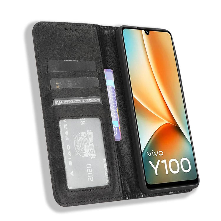 For vivo Y100 5G / T2 5G Magnetic Closing PU Leather Anti-drop Case Stand Wallet Phone Cover - Black