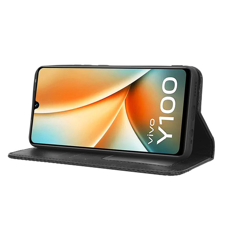 For vivo Y100 5G / T2 5G Magnetic Closing PU Leather Anti-drop Case Stand Wallet Phone Cover - Black