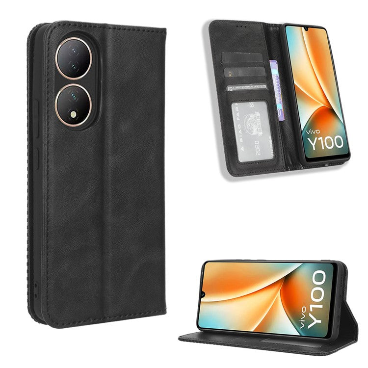 For vivo Y100 5G / T2 5G Magnetic Closing PU Leather Anti-drop Case Stand Wallet Phone Cover - Black