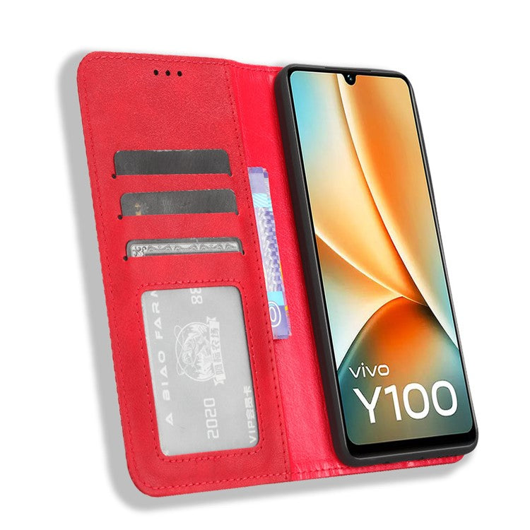 For vivo Y100 5G / T2 5G Magnetic Closing PU Leather Anti-drop Case Stand Wallet Phone Cover - Red