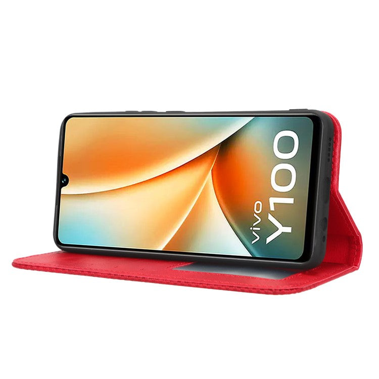 For vivo Y100 5G / T2 5G Magnetic Closing PU Leather Anti-drop Case Stand Wallet Phone Cover - Red