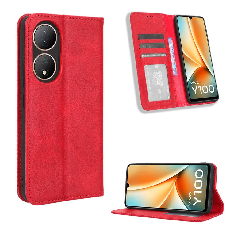 For vivo Y100 5G / T2 5G Magnetic Closing PU Leather Anti-drop Case Stand Wallet Phone Cover - Red