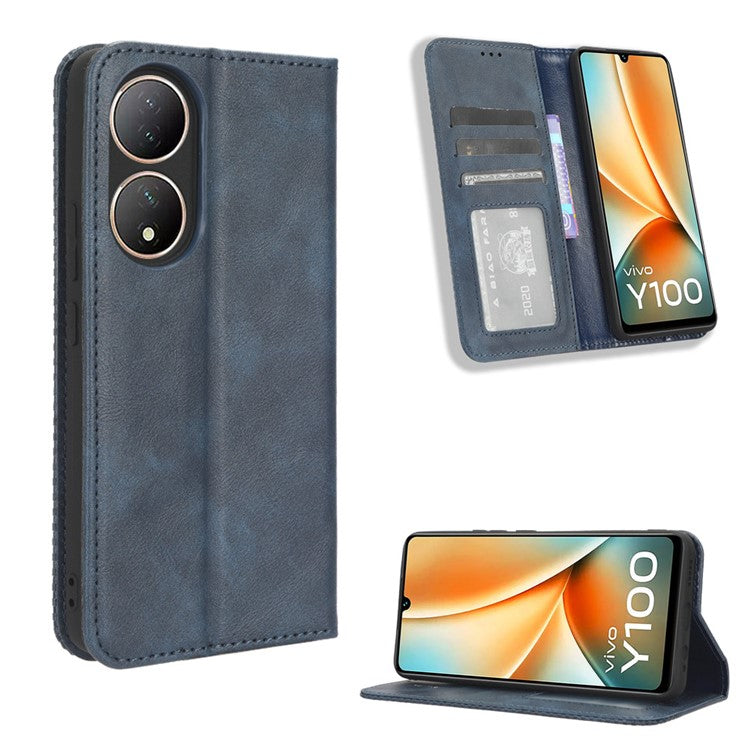 For vivo Y100 5G / T2 5G Magnetic Closing PU Leather Anti-drop Case Stand Wallet Phone Cover - Blue