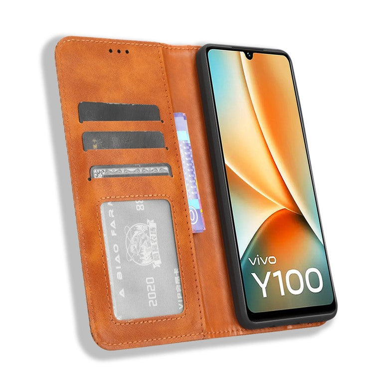 For vivo Y100 5G / T2 5G Magnetic Closing PU Leather Anti-drop Case Stand Wallet Phone Cover - Brown