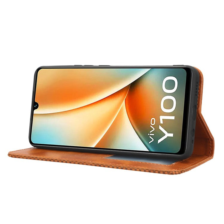 For vivo Y100 5G / T2 5G Magnetic Closing PU Leather Anti-drop Case Stand Wallet Phone Cover - Brown