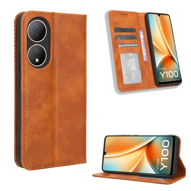 For vivo Y100 5G / T2 5G Magnetic Closing PU Leather Anti-drop Case Stand Wallet Phone Cover - Brown