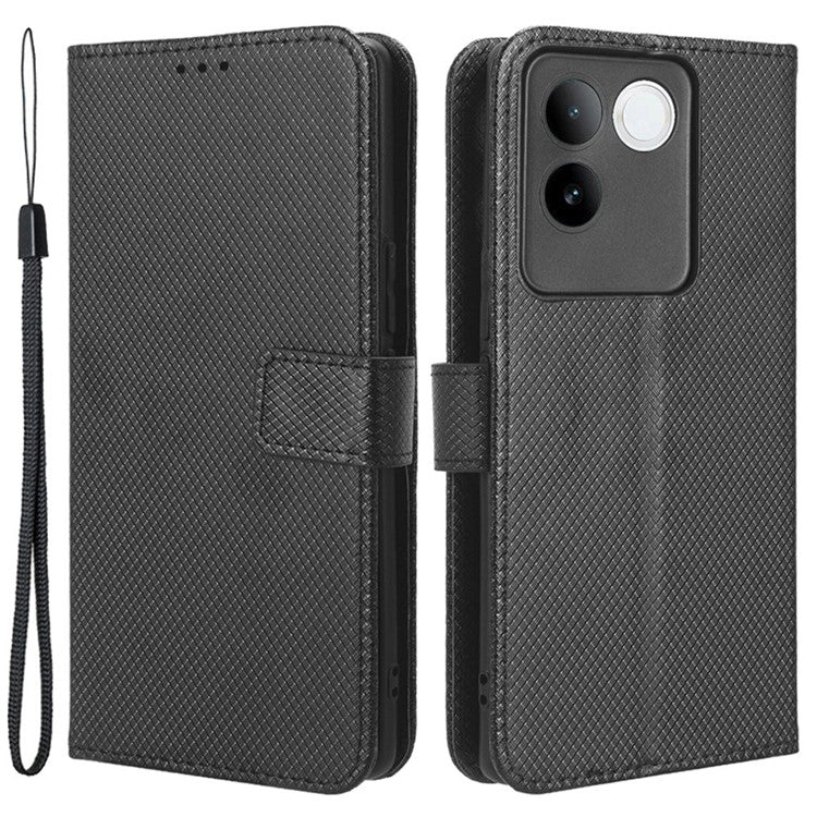 Shockproof PU Leather Phone Case for vivo S17e 5G , Stand Wallet Diamond Texture Phone Cover - Black