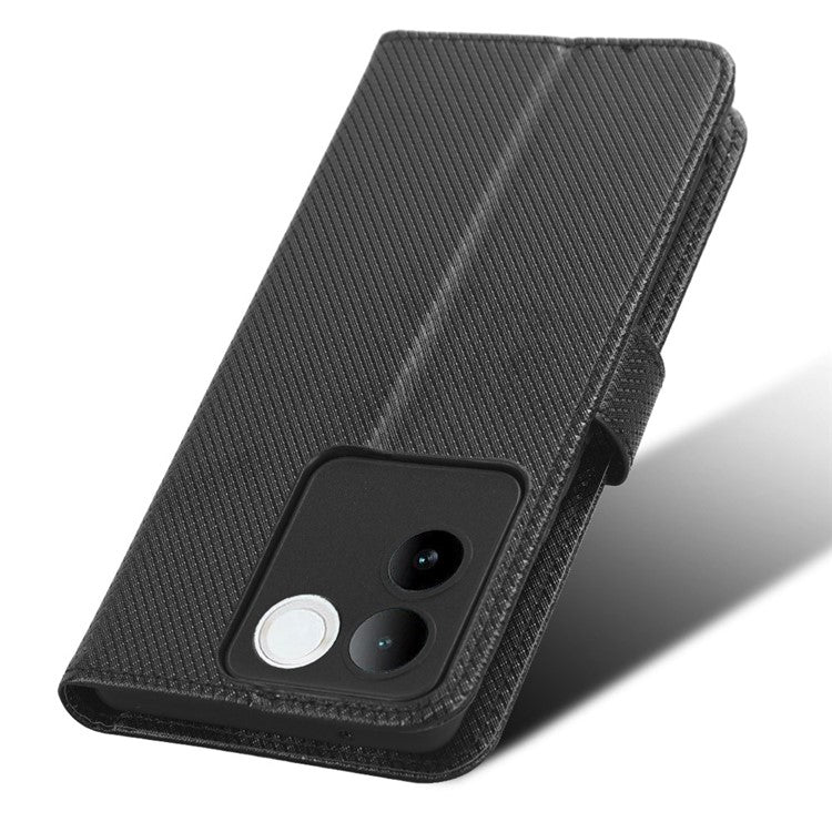 Shockproof PU Leather Phone Case for vivo S17e 5G , Stand Wallet Diamond Texture Phone Cover - Black