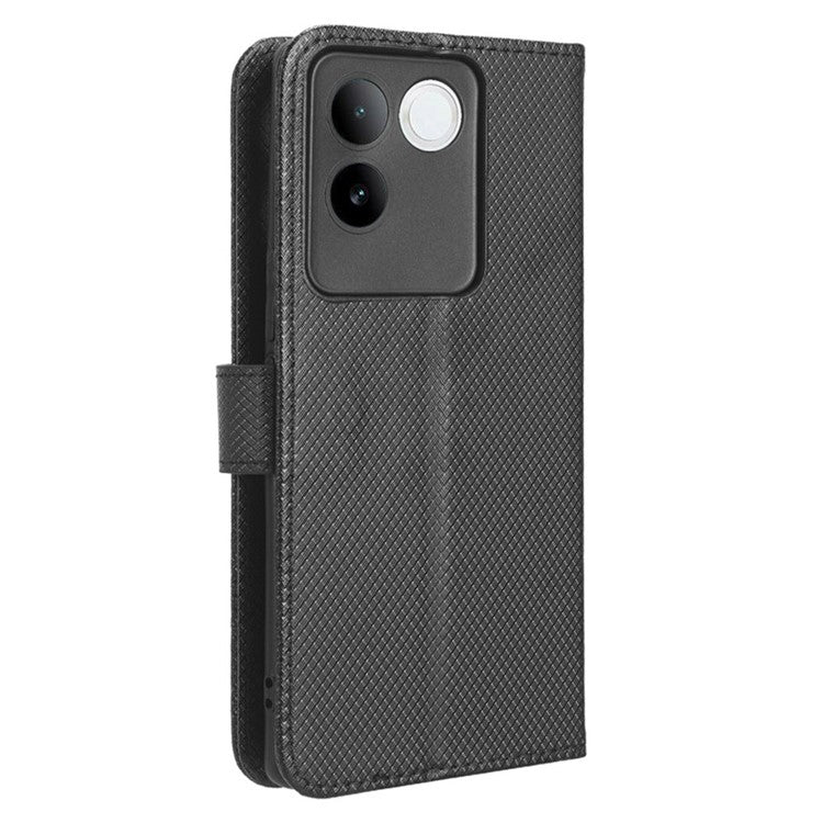 Shockproof PU Leather Phone Case for vivo S17e 5G , Stand Wallet Diamond Texture Phone Cover - Black