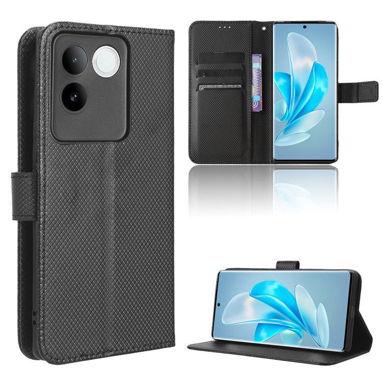 Shockproof PU Leather Phone Case for vivo S17e 5G , Stand Wallet Diamond Texture Phone Cover - Black