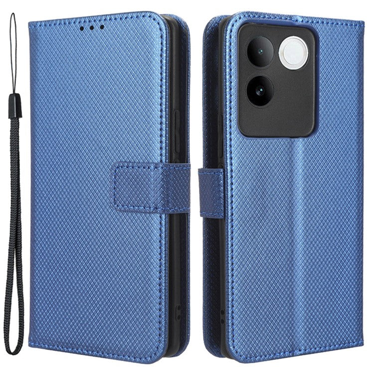 Shockproof PU Leather Phone Case for vivo S17e 5G , Stand Wallet Diamond Texture Phone Cover - Blue