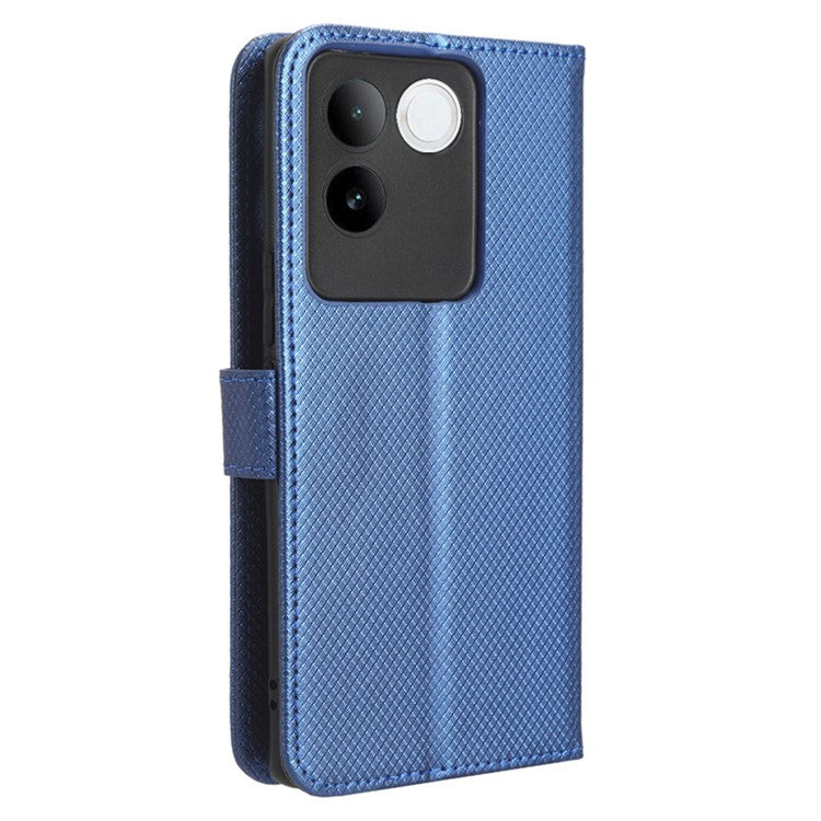 Shockproof PU Leather Phone Case for vivo S17e 5G , Stand Wallet Diamond Texture Phone Cover - Blue