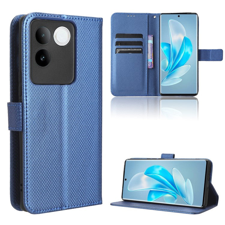 Shockproof PU Leather Phone Case for vivo S17e 5G , Stand Wallet Diamond Texture Phone Cover - Blue