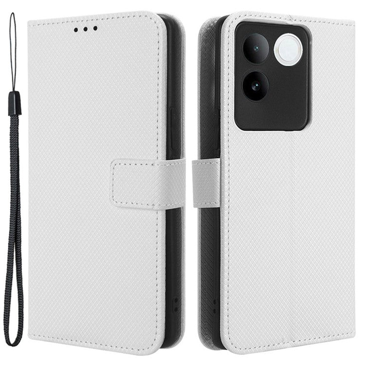 Shockproof PU Leather Phone Case for vivo S17e 5G , Stand Wallet Diamond Texture Phone Cover - White