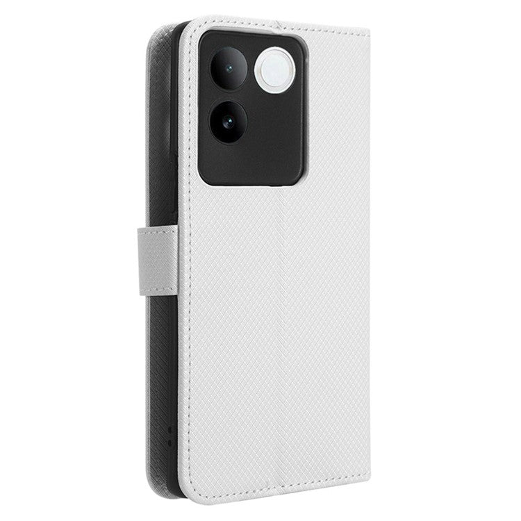 Shockproof PU Leather Phone Case for vivo S17e 5G , Stand Wallet Diamond Texture Phone Cover - White