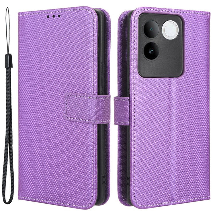 Shockproof PU Leather Phone Case for vivo S17e 5G , Stand Wallet Diamond Texture Phone Cover - Purple